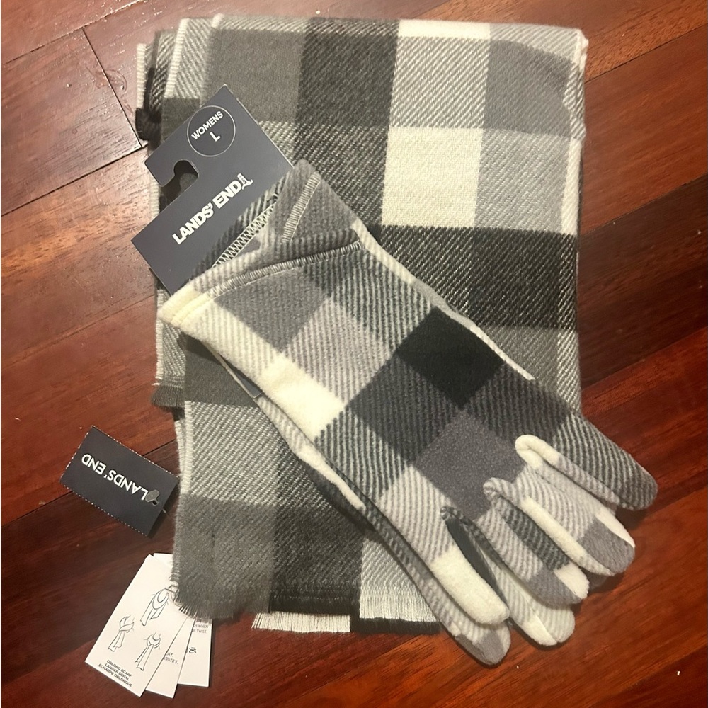 Lands' End Black and Gray Checkered Scarf and Gloves